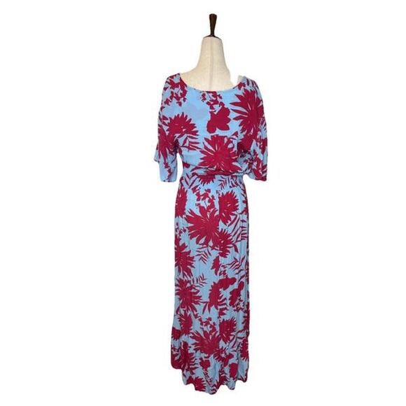 Abel The Label Anthro Cassidy Midi Dress S Floral Smocked Waist Pink Blue Hi Lo - Picture 5 of 9